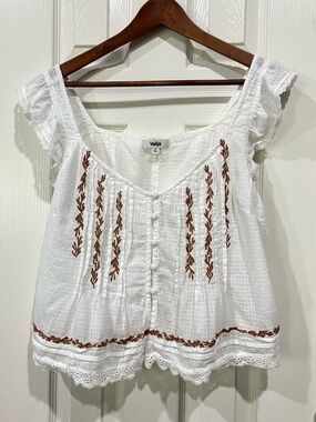 Valija Gitana White Embroidered Cotton Peasant Top Size M